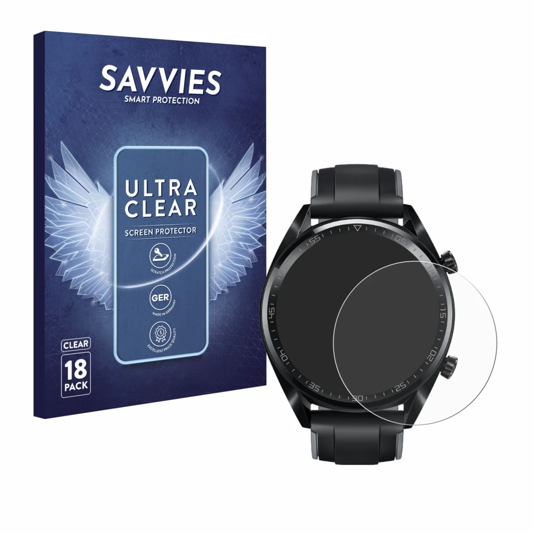 Front side of a product packaging with the brand logo Savvies. Next to it is the device Huawei Watch GT (46 mm) 2018 shown wit