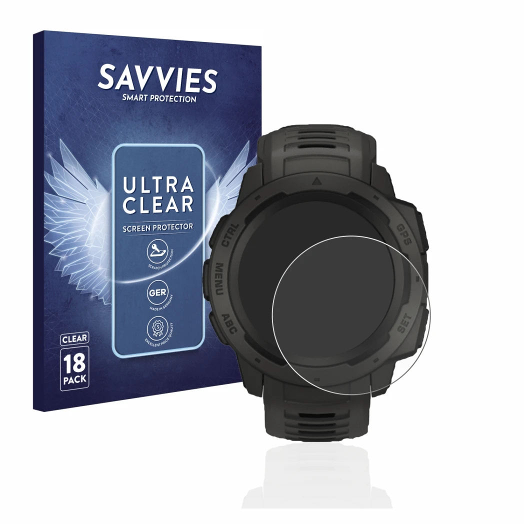 Front side of a product packaging with the brand logo Savvies. Next to it is the device Garmin Instinct shown with the corresp
