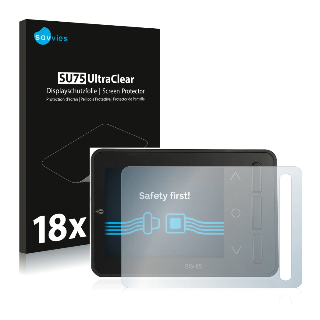 Front side of a product packaging with the brand logo Savvies. Next to it is the device ISDT BG-8S shown with the correspondin