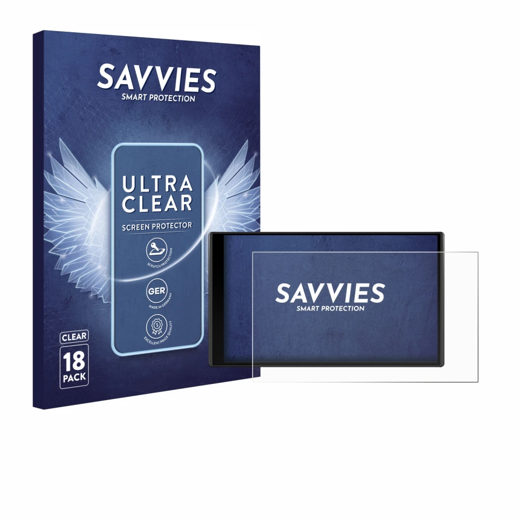 Front side of a product packaging with the brand logo Savvies. Next to it is the device Garmin DriveTrack 71 shown with the co