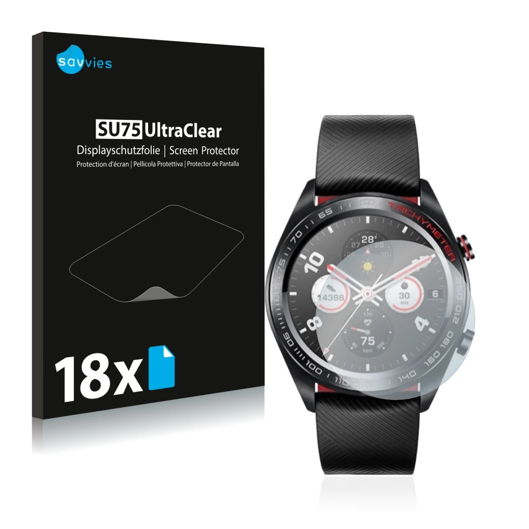 Front side of a product packaging with the brand logo Savvies. Next to it is the device Honor Watch Magic shown with the corre