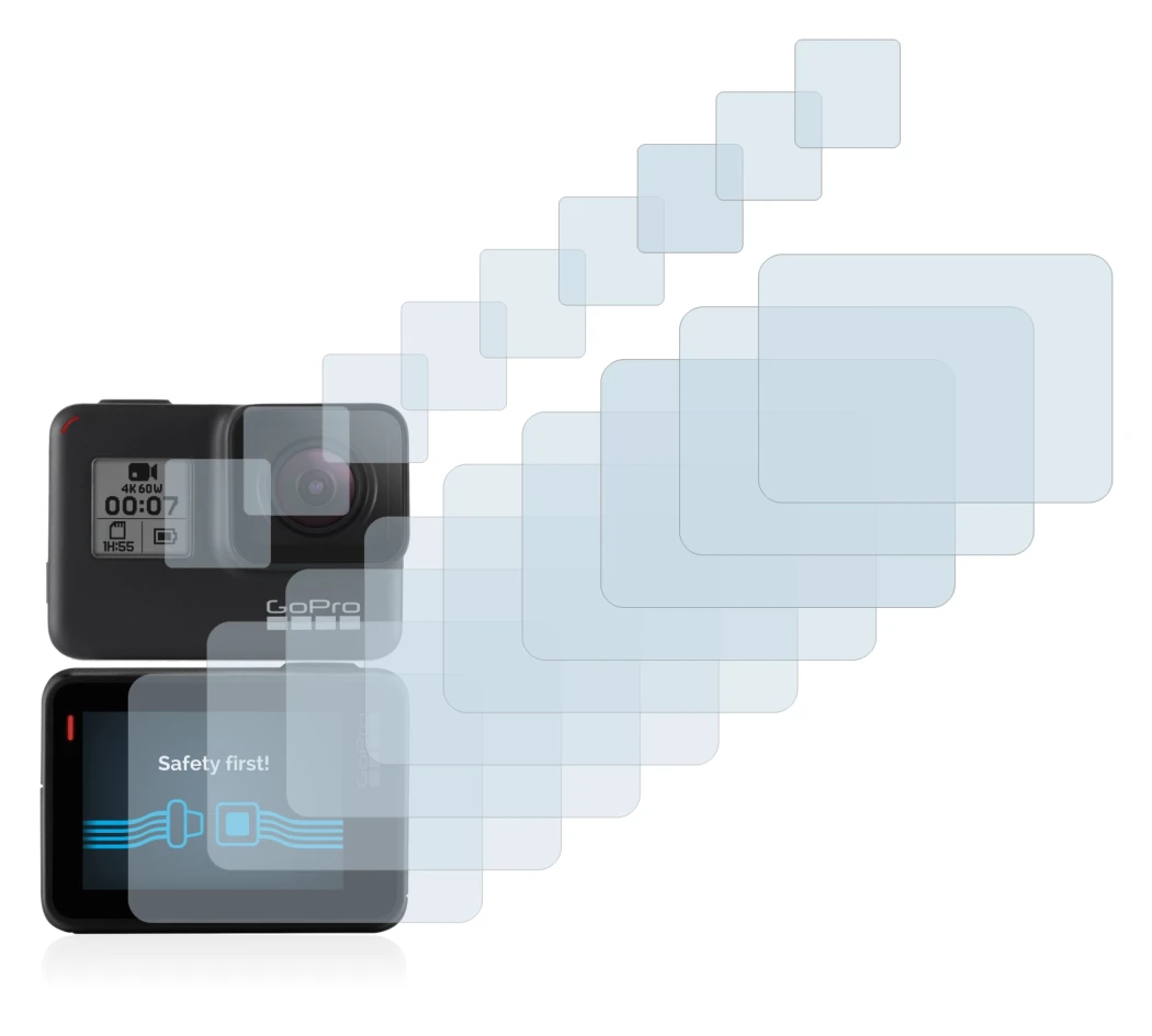 Image of the device GoPro Hero 7 Black with a wide variety of screen protectors.