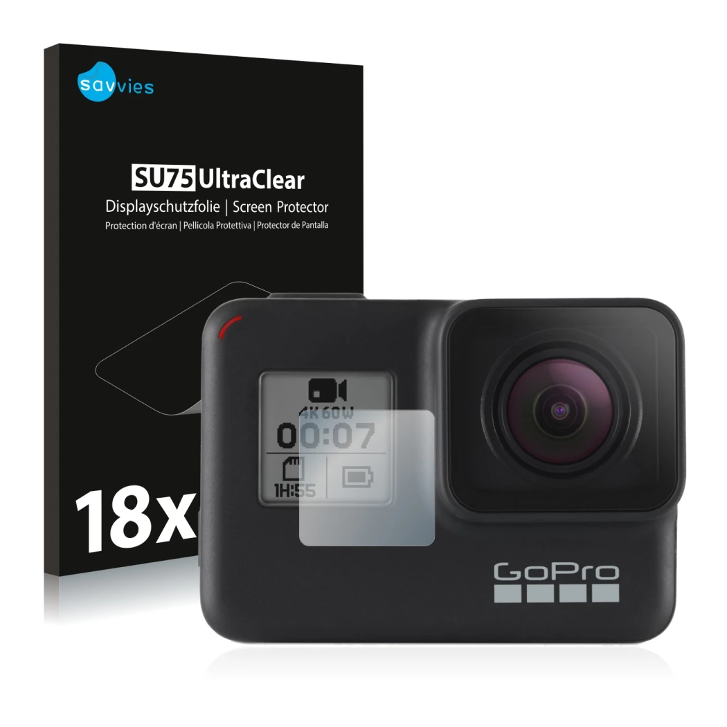Front side of a product packaging with the brand logo Savvies. Next to it is the device GoPro Hero 7 Black (Front display) sho
