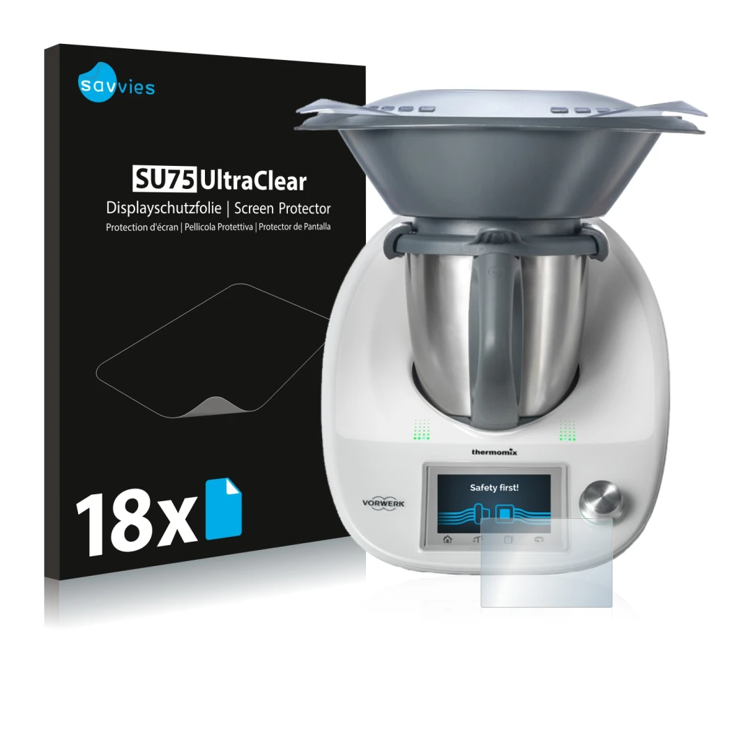 Front side of a product packaging with the brand logo Savvies. Next to it is the device Vorwerk Bimby TM5 shown with the corre