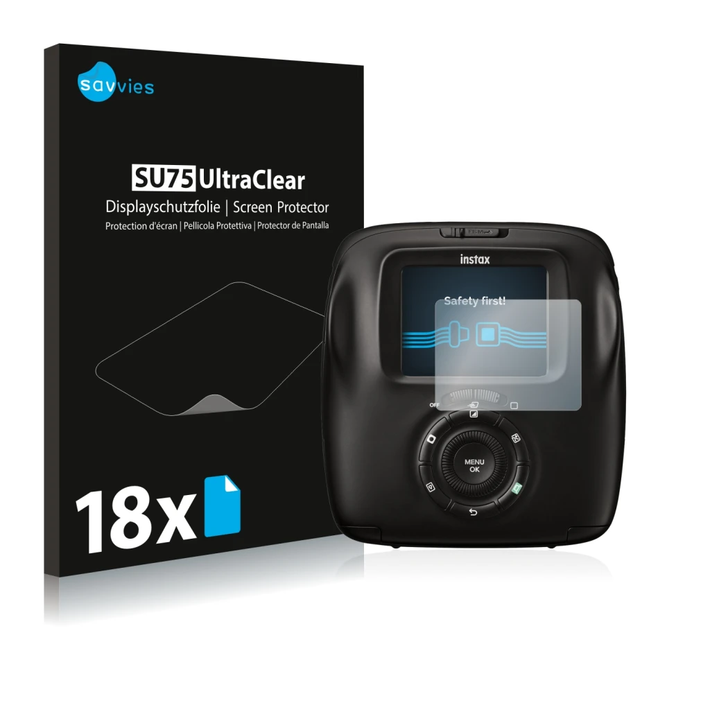 Front side of a product packaging with the brand logo Savvies. Next to it is the device Fujifilm Instax Square SQ20 shown with