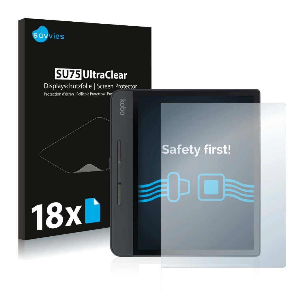 Front side of a product packaging with the brand logo Savvies. Next to it is the device Kobo Forma shown with the correspondin