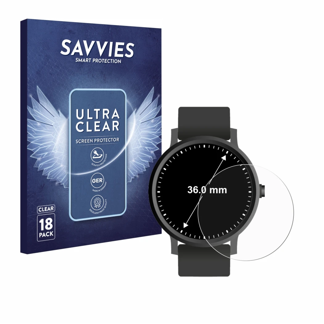 Front side of a product packaging with the brand logo Savvies. Next to it is the device Circular Displays (ø: 36 mm) shown wit