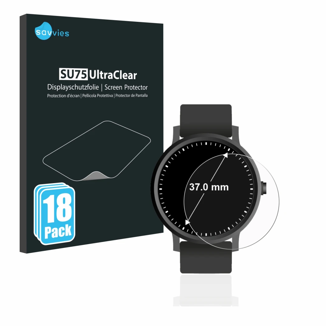 Front side of a product packaging with the brand logo Savvies. Next to it is the device Circular Displays (ø: 37 mm) shown wit