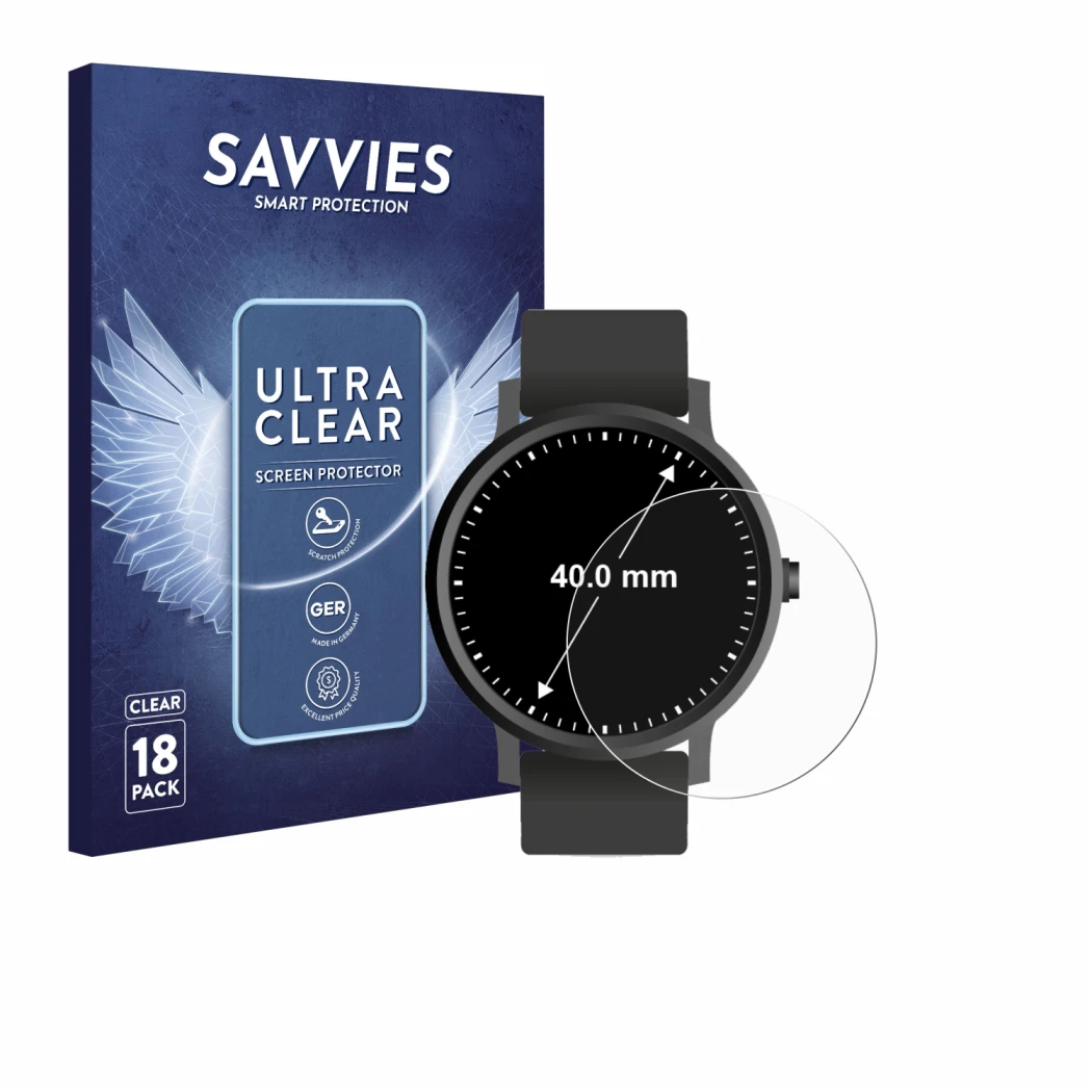 Front side of a product packaging with the brand logo Savvies. Next to it is the device Circular Displays (ø: 40 mm) shown wit