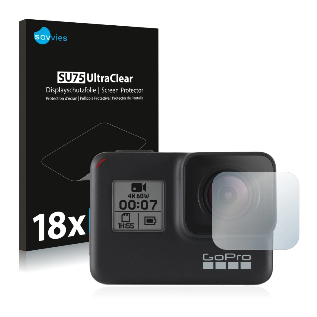 Front side of a product packaging with the brand logo Savvies. Next to it is the device GoPro Hero 7 Black (Lens) shown with t