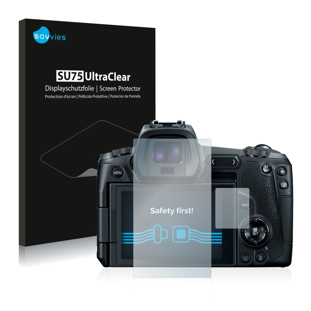Front side of a product packaging with the brand logo Savvies. Next to it is the device Canon EOS R shown with the correspondi