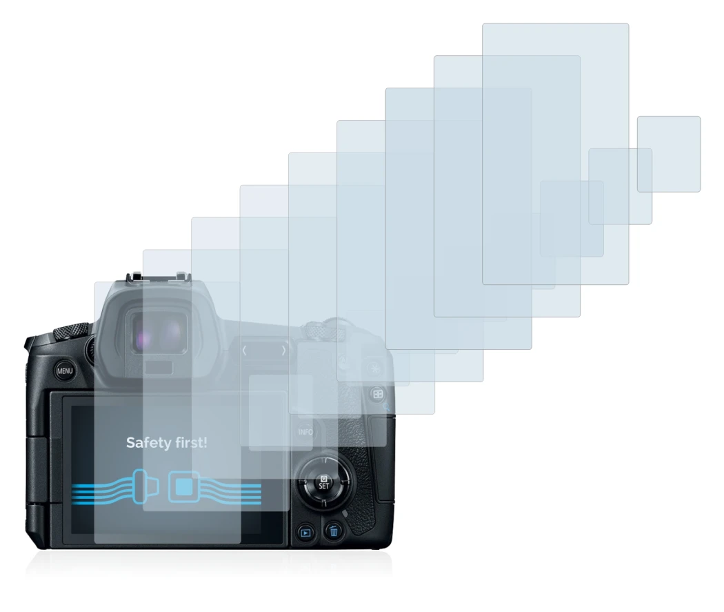 Image of the device Canon EOS R with a wide variety of screen protectors.