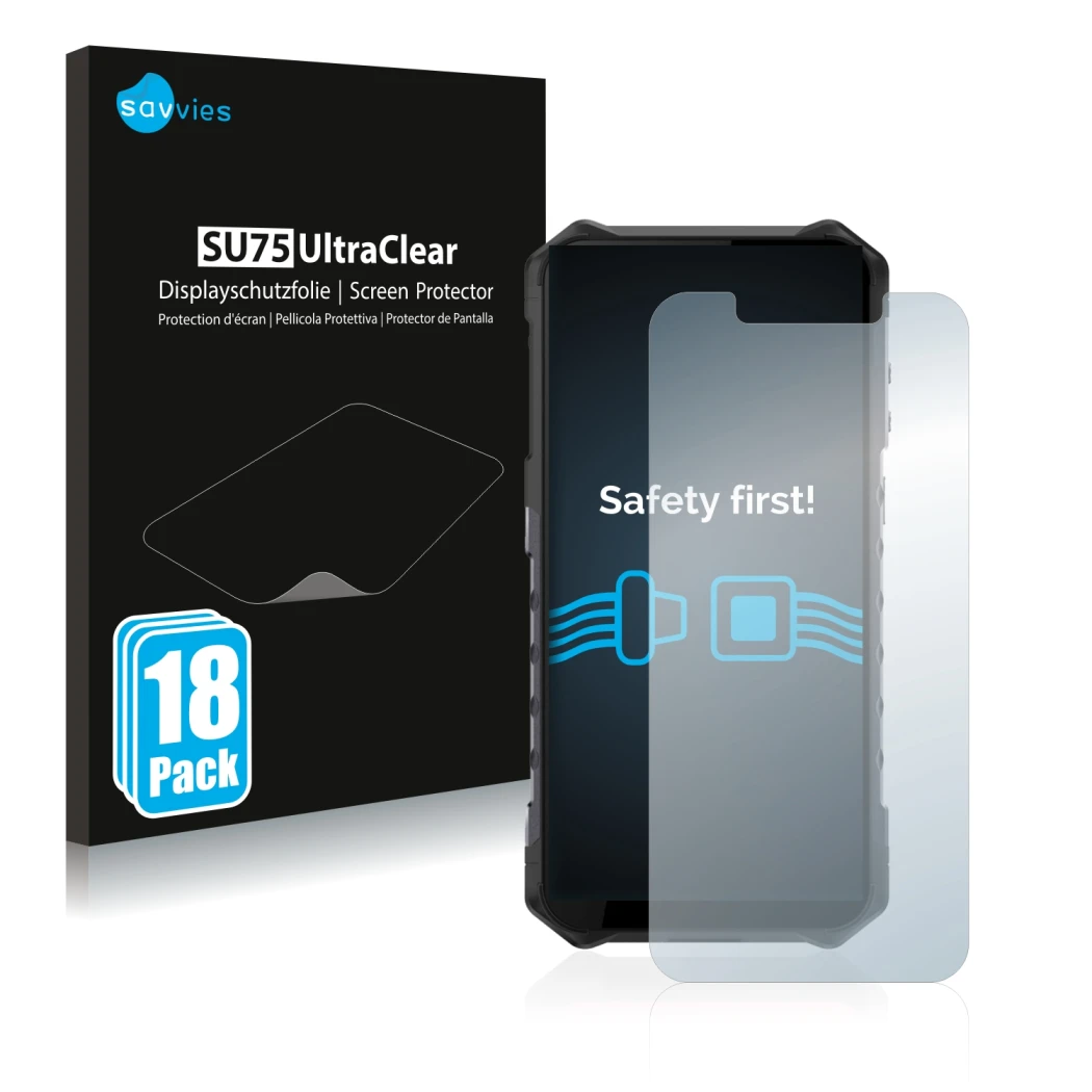 Front side of a product packaging with the brand logo Savvies. Next to it is the device Ulefone Armor 6 shown with the corresp