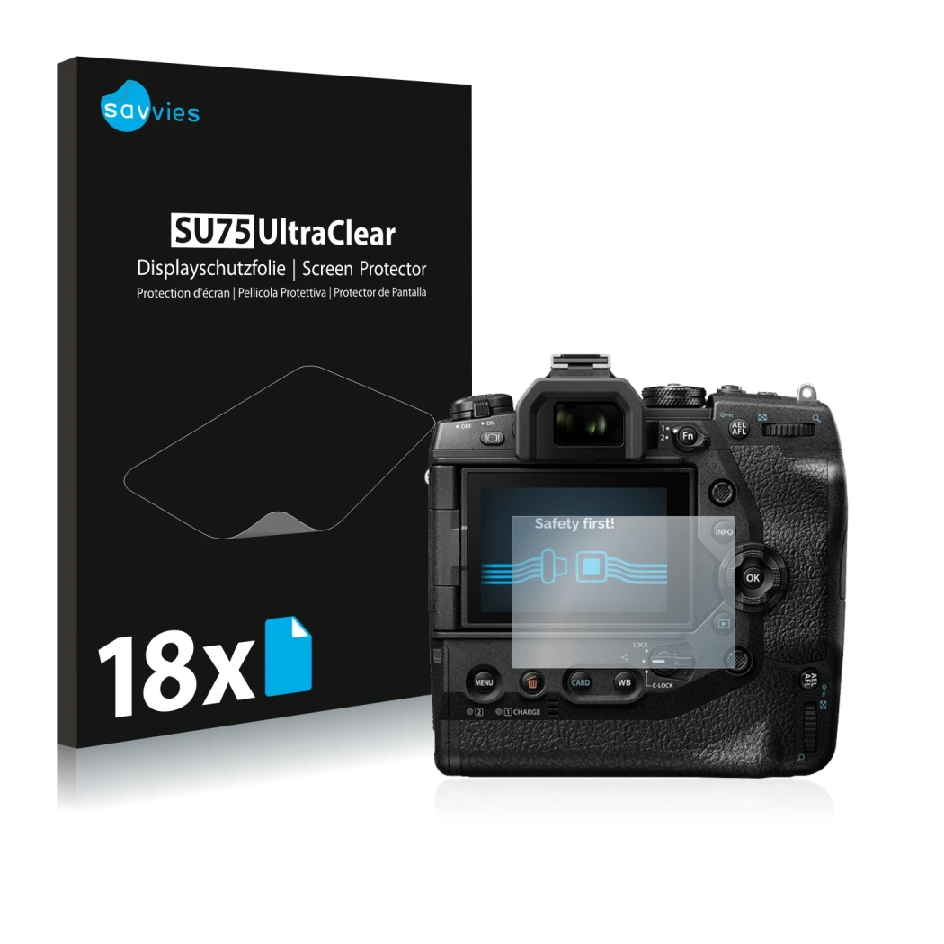 Front side of a product packaging with the brand logo Savvies. Next to it is the device Olympus OM-D E-M1X shown with the corr