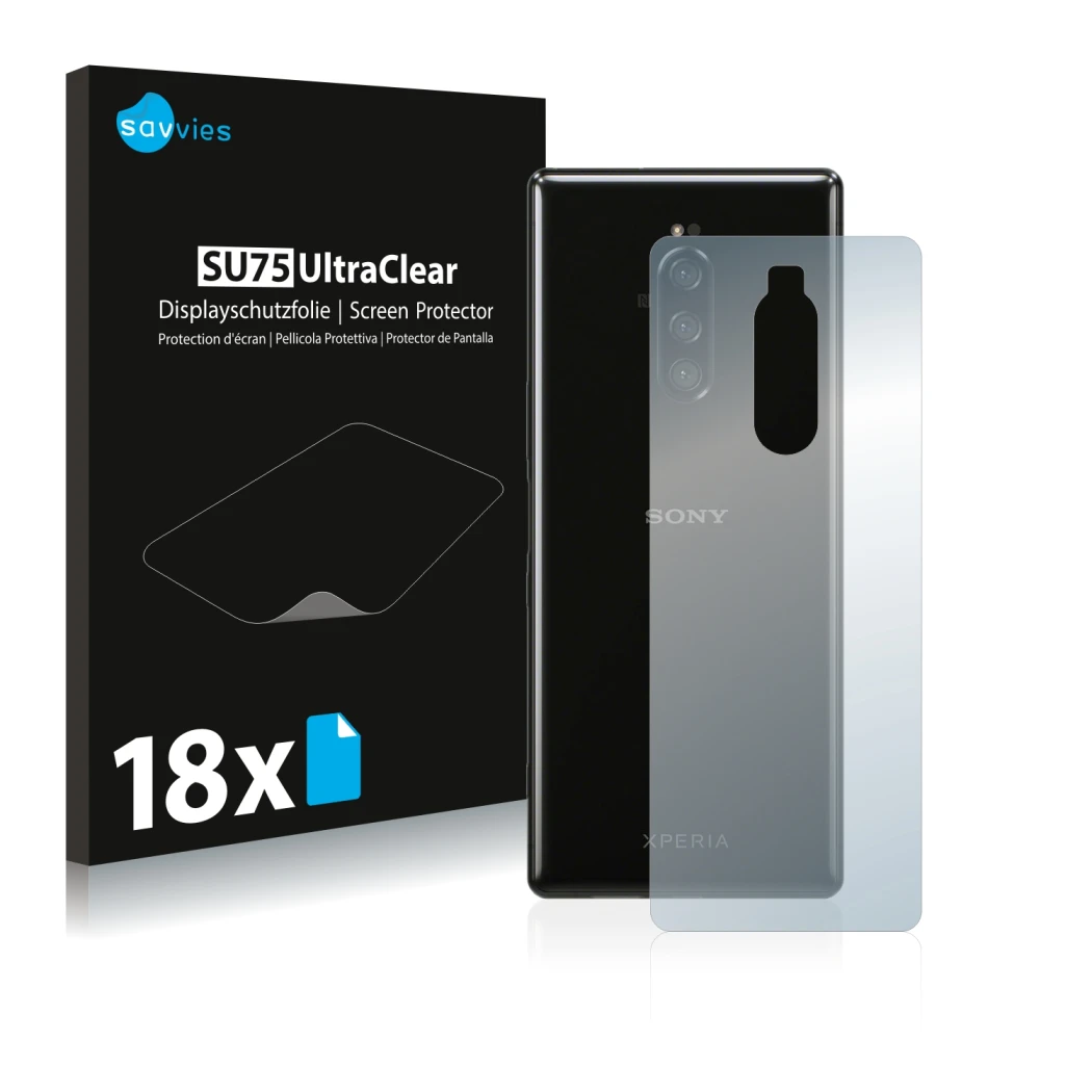 Front side of a product packaging with the brand logo Savvies. Next to it is the device Sony Xperia 1 (Back) shown with the co