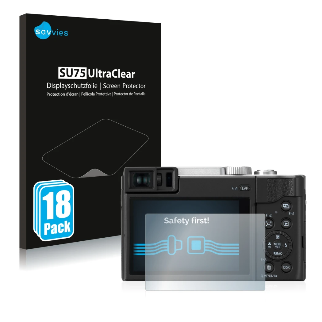 Front side of a product packaging with the brand logo Savvies. Next to it is the device Panasonic Lumix DC-TZ96 shown with the