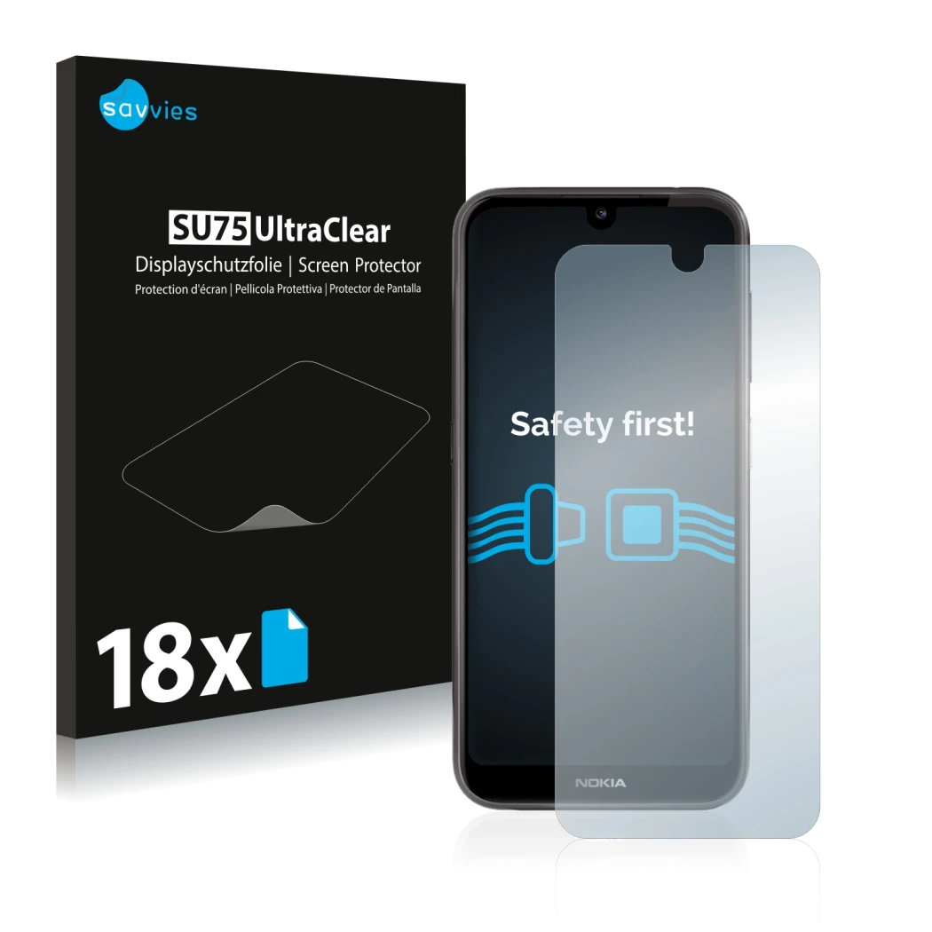 Front side of a product packaging with the brand logo Savvies. Next to it is the device Nokia 4.2 shown with the corresponding