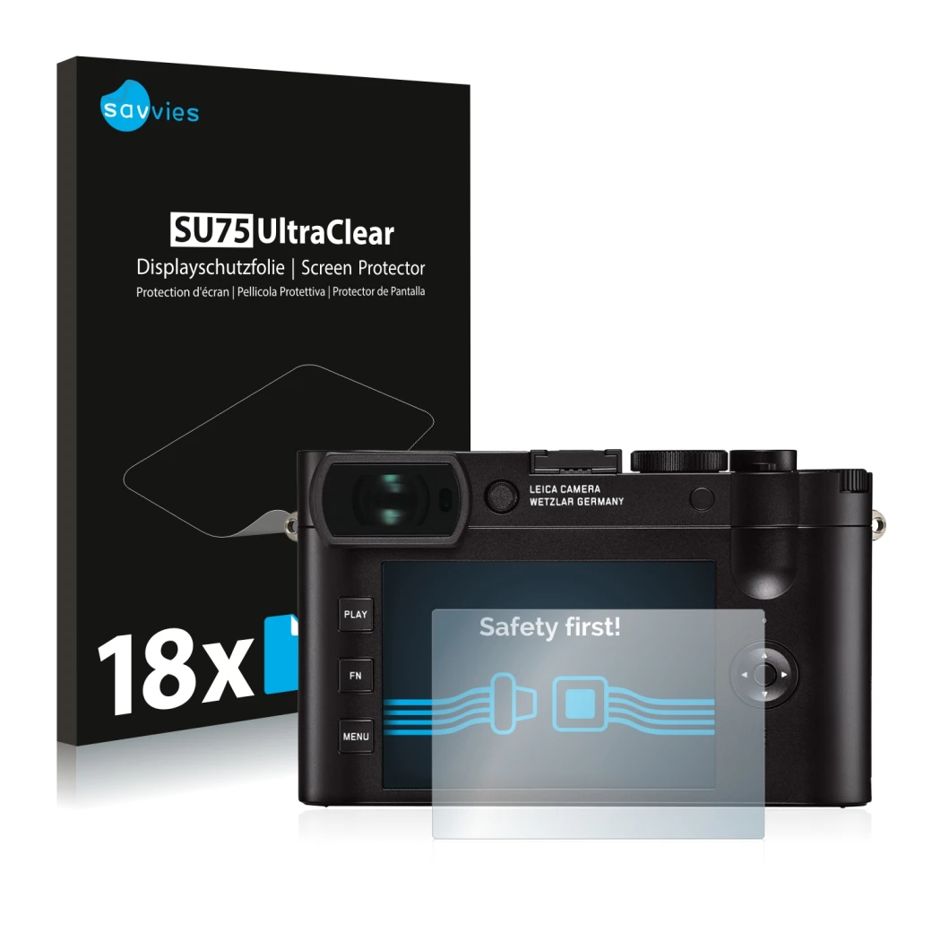 Front side of a product packaging with the brand logo Savvies. Next to it is the device Leica Q2 shown with the corresponding 