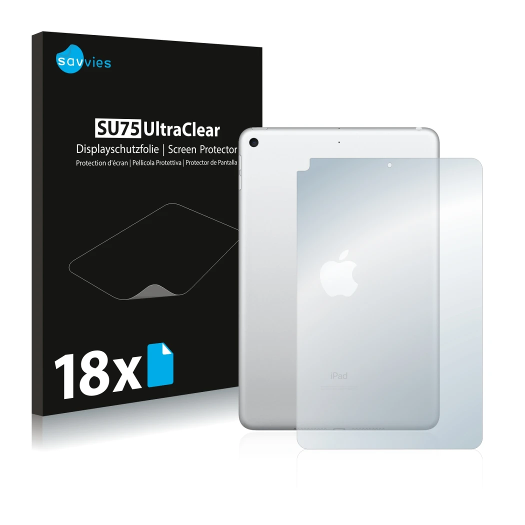 Front side of a product packaging with the brand logo Savvies. Next to it is the device Apple iPad Mini 5 2019 (Back, 5th Gen.