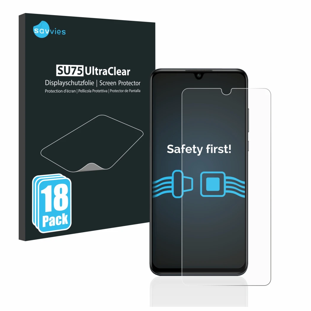 Front side of a product packaging with the brand logo Savvies. Next to it is the device Huawei P30 lite shown with the corresp