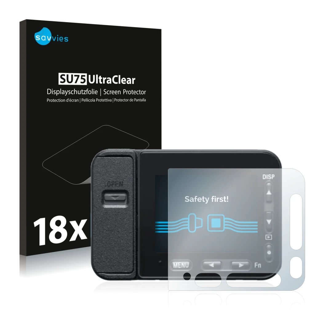 Front side of a product packaging with the brand logo Savvies. Next to it is the device Sony DSC-RX0M2 (RX0 II) shown with the
