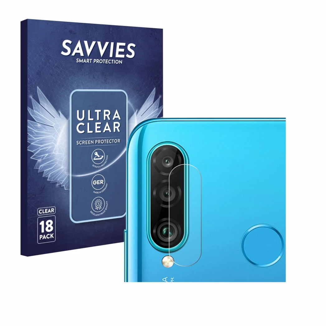 Front side of a product packaging with the brand logo Savvies. Next to it is the device Huawei P30 lite (ONLY Camera Lens) sho