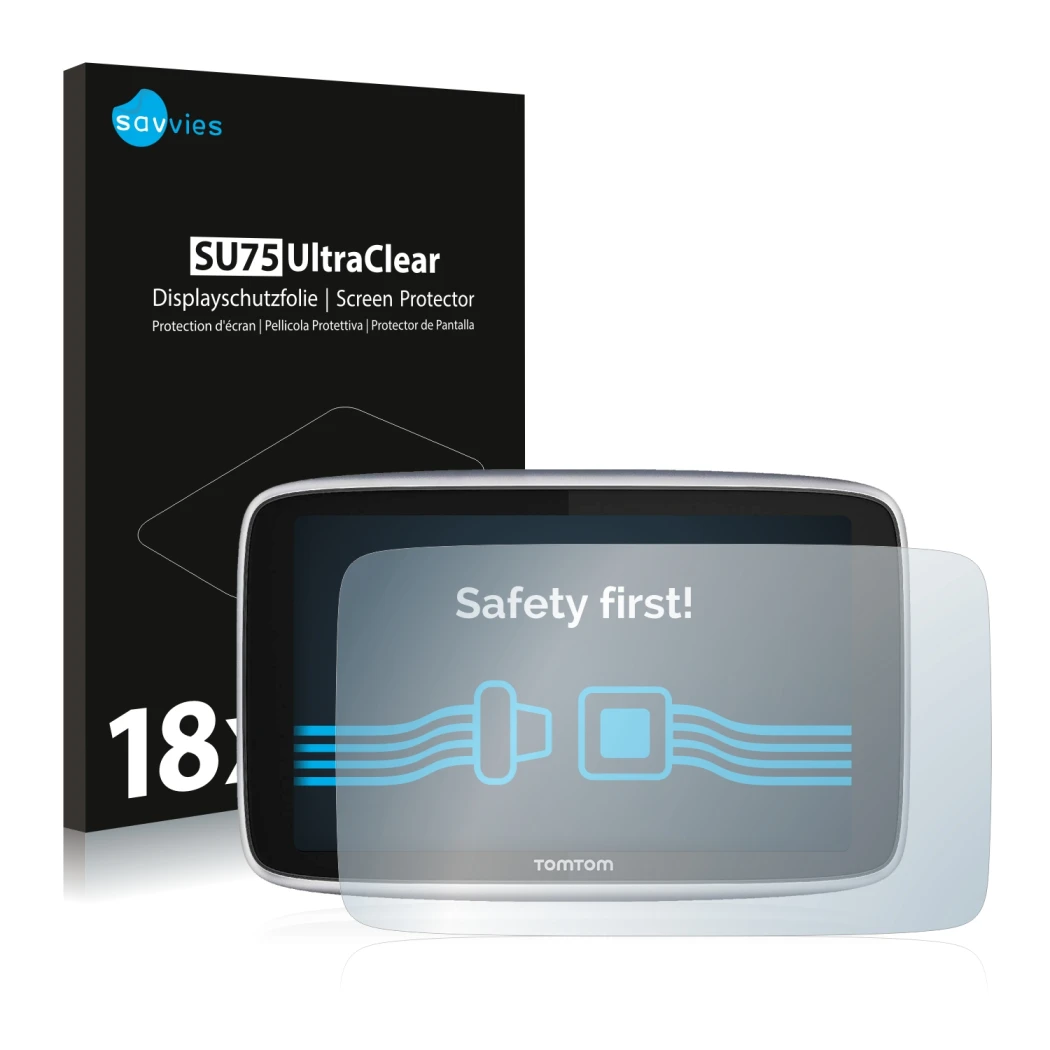 Front side of a product packaging with the brand logo Savvies. Next to it is the device TomTom GO Premium X shown with the cor