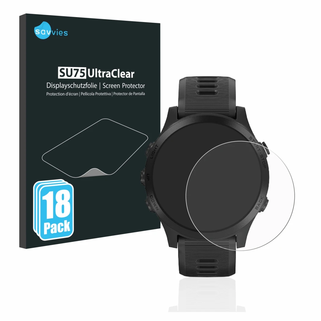 Front side of a product packaging with the brand logo Savvies. Next to it is the device Garmin Forerunner 945 shown with the c