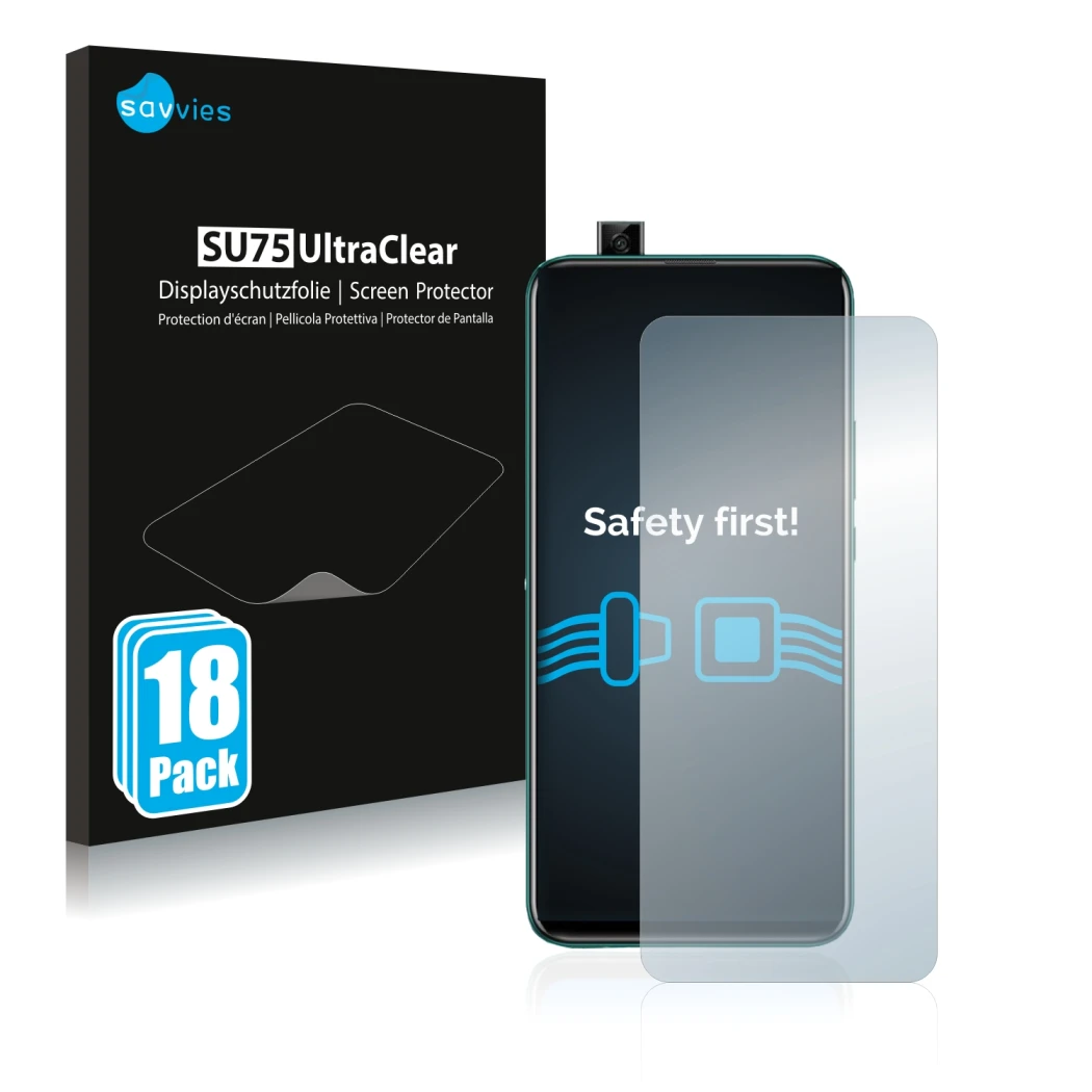 Front side of a product packaging with the brand logo Savvies. Next to it is the device Huawei P smart Z shown with the corres