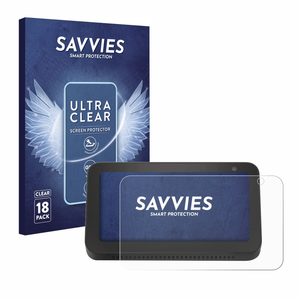 Front side of a product packaging with the brand logo Savvies. Next to it is the device Amazon Echo Show 5 (2nd Gen.) shown wi