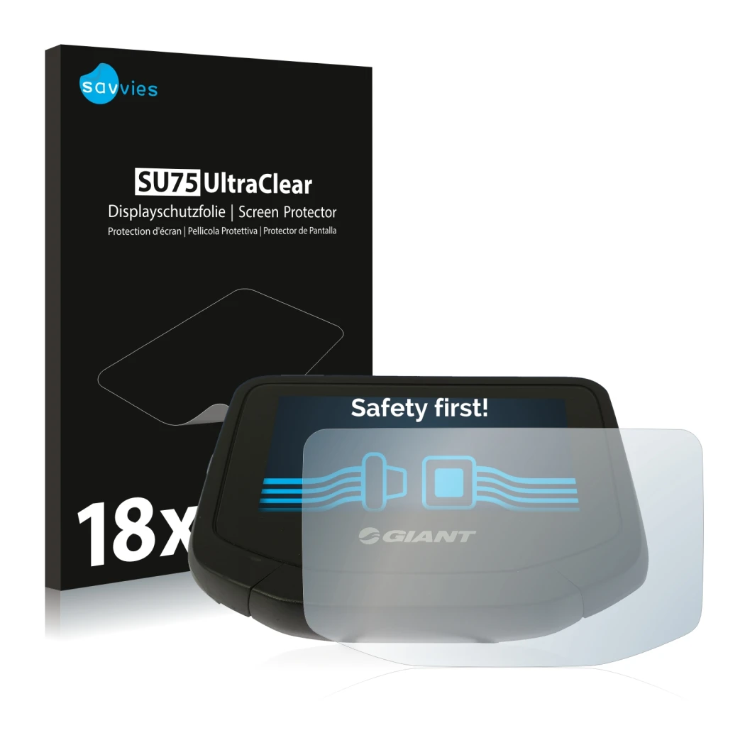 Front side of a product packaging with the brand logo Savvies. Next to it is the device Giant RideControl Evo shown with the c