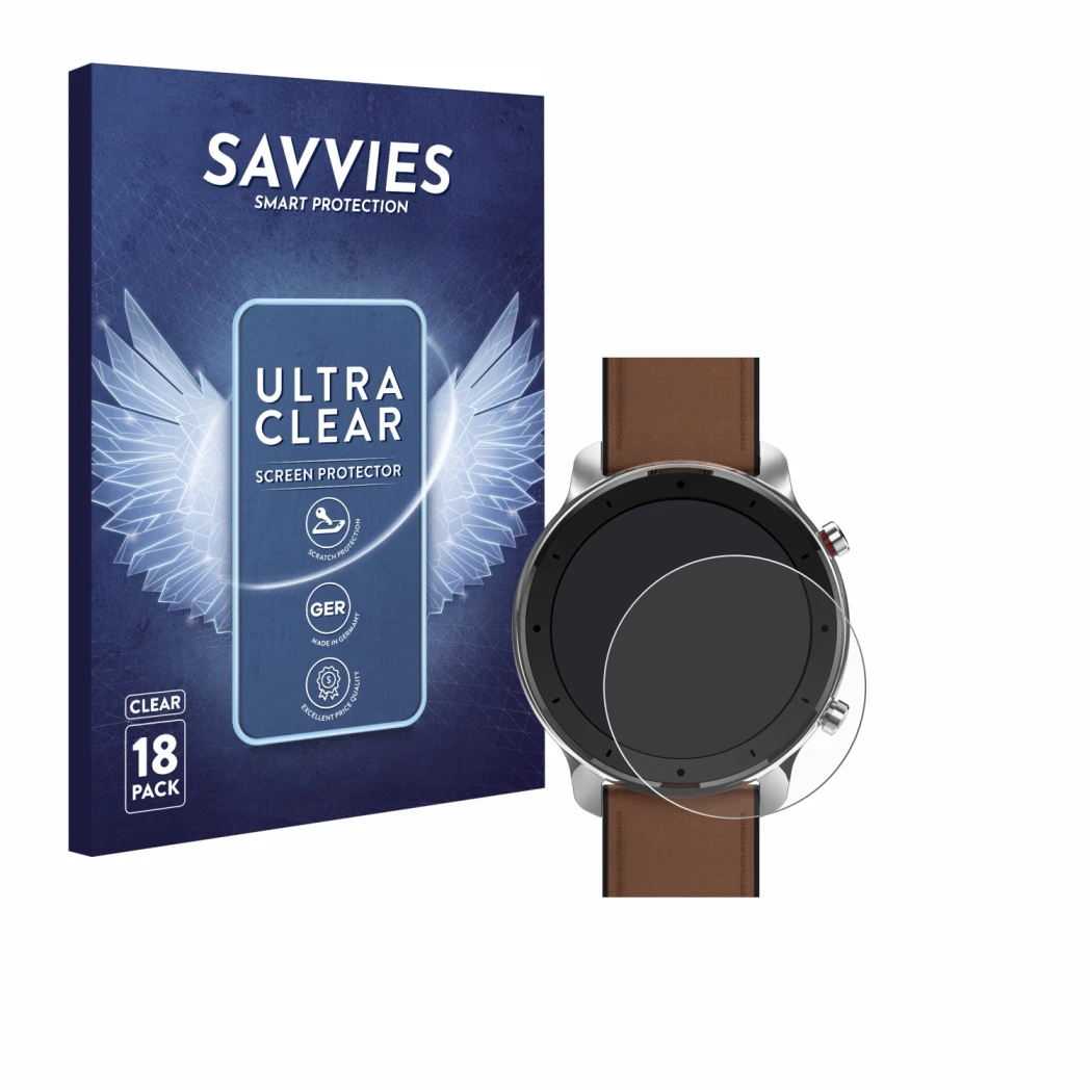 Front side of a product packaging with the brand logo Savvies. Next to it is the device Huami Amazfit GTR (47 mm) shown with t