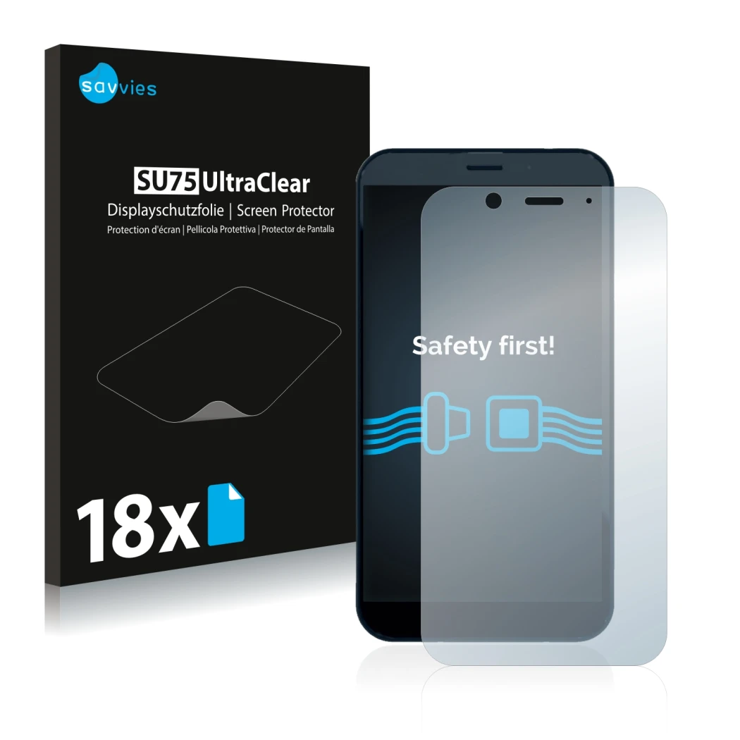 Front side of a product packaging with the brand logo Savvies. Next to it is the device Shiftphones Shift6m shown with the cor