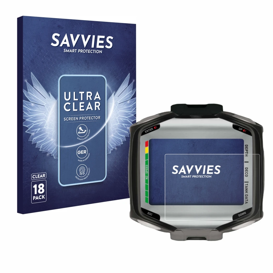 Front side of a product packaging with the brand logo Savvies. Next to it is the device Mares Quad shown with the correspondin