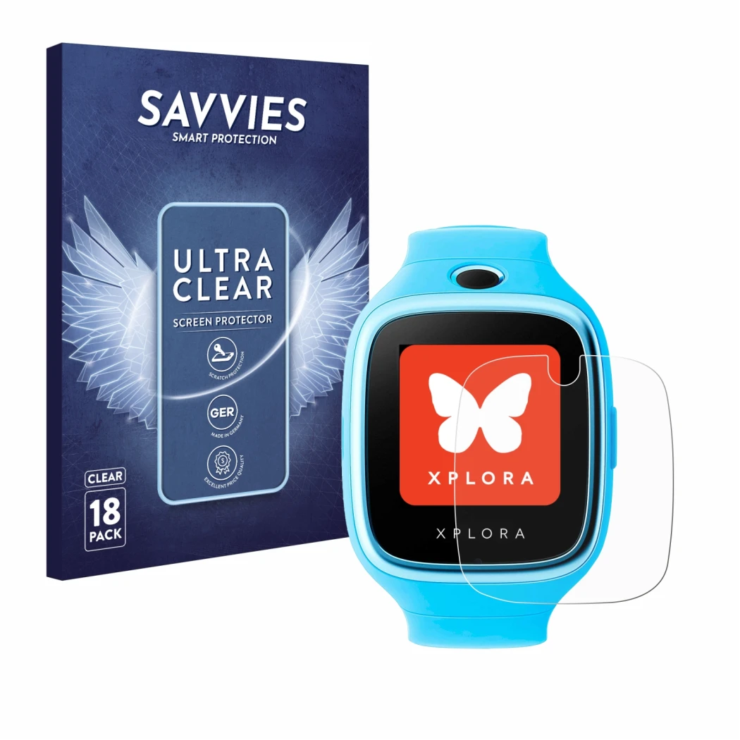 Front side of a product packaging with the brand logo Savvies. Next to it is the device Xplora Go shown with the corresponding