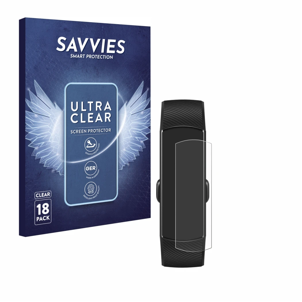 Front side of a product packaging with the brand logo Savvies. Next to it is the device Honor Band 5 shown with the correspond