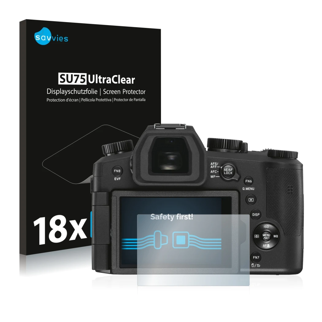 Front side of a product packaging with the brand logo Savvies. Next to it is the device Leica V-LUX 5 shown with the correspon
