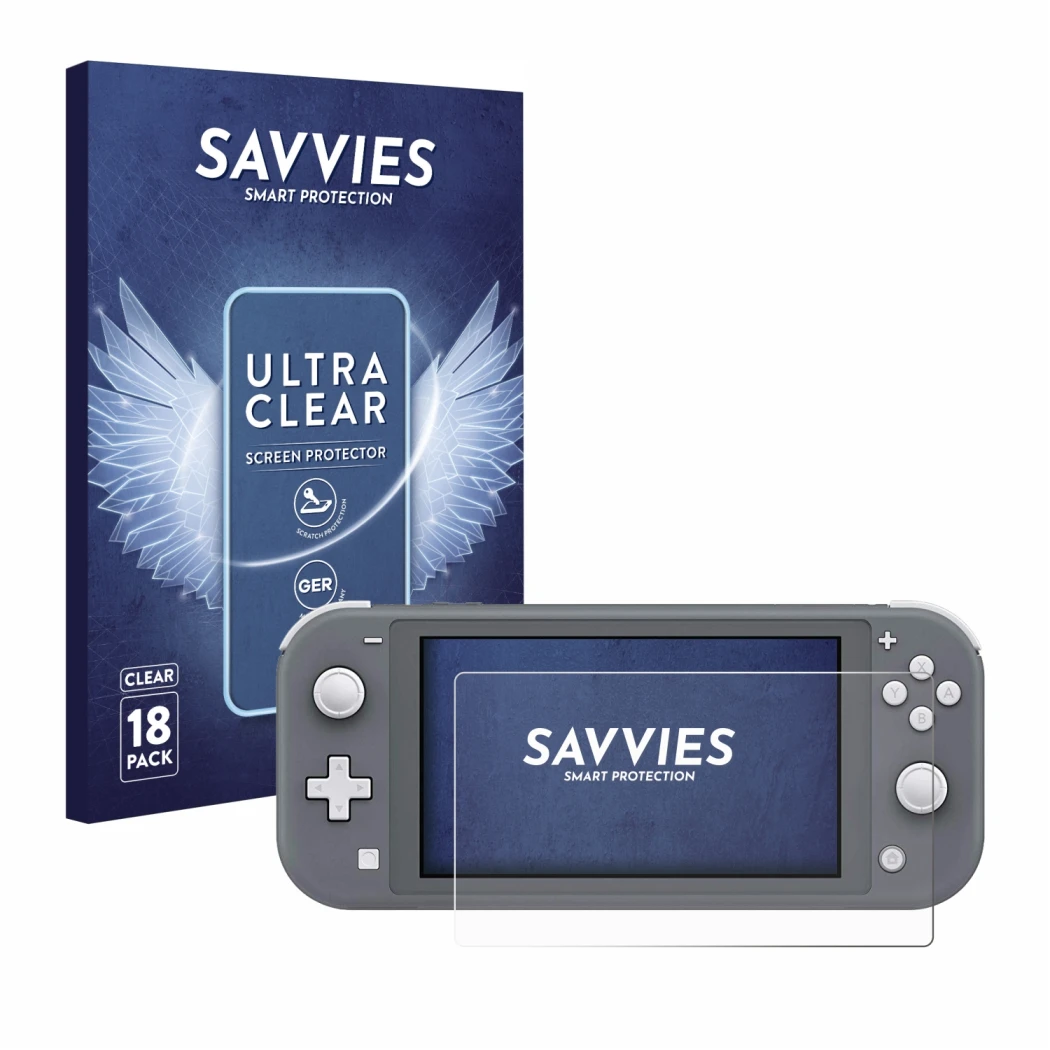 Front side of a product packaging with the brand logo Savvies. Next to it is the device Nintendo Switch Lite shown with the co