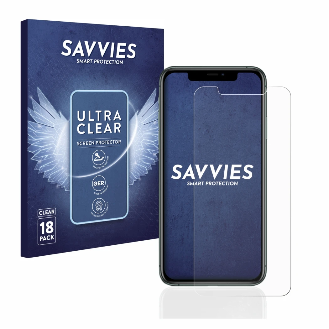 Front side of a product packaging with the brand logo Savvies. Next to it is the device Apple iPhone 11 Pro Max shown with the