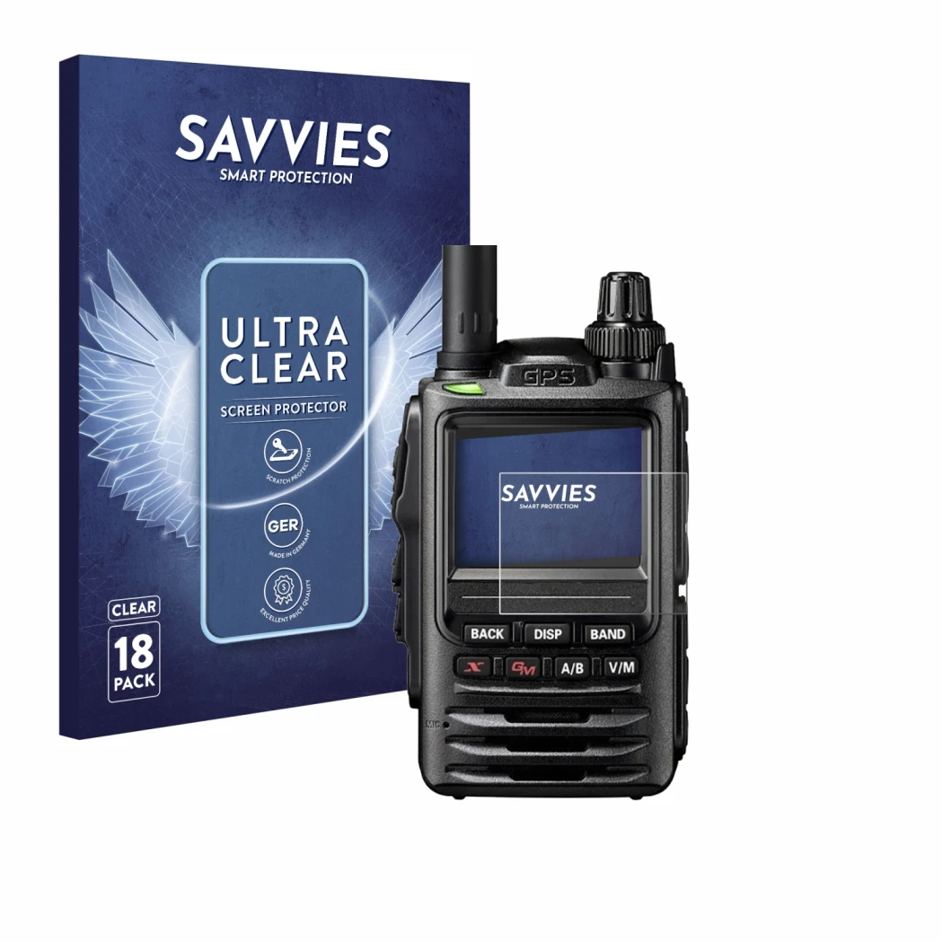 Front side of a product packaging with the brand logo Savvies. Next to it is the device Yaesu FT-3D shown with the correspondi