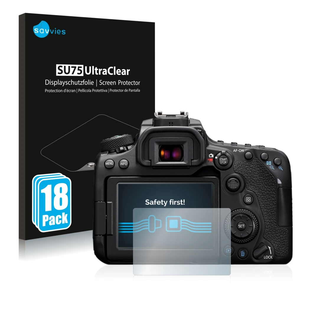 Front side of a product packaging with the brand logo Savvies. Next to it is the device Canon EOS 90D shown with the correspon