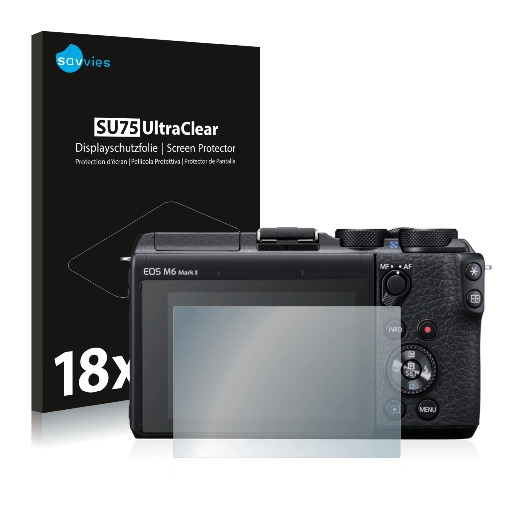 Front side of a product packaging with the brand logo Savvies. Next to it is the device Canon EOS M6 Mark II shown with the co