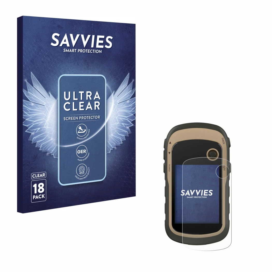 Front side of a product packaging with the brand logo Savvies. Next to it is the device Garmin eTrex 32x shown with the corres