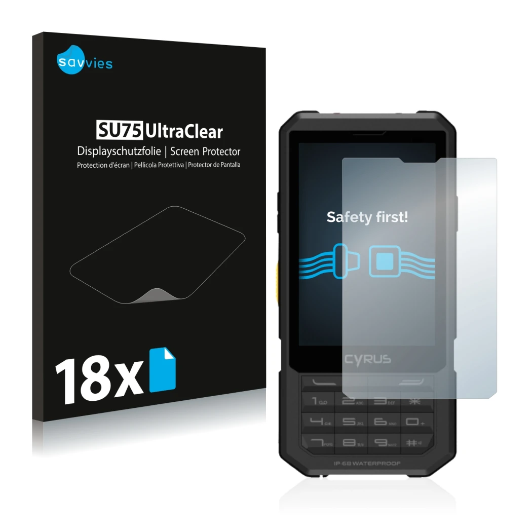 Front side of a product packaging with the brand logo Savvies. Next to it is the device Cyrus CM 17 Hybrid shown with the corr