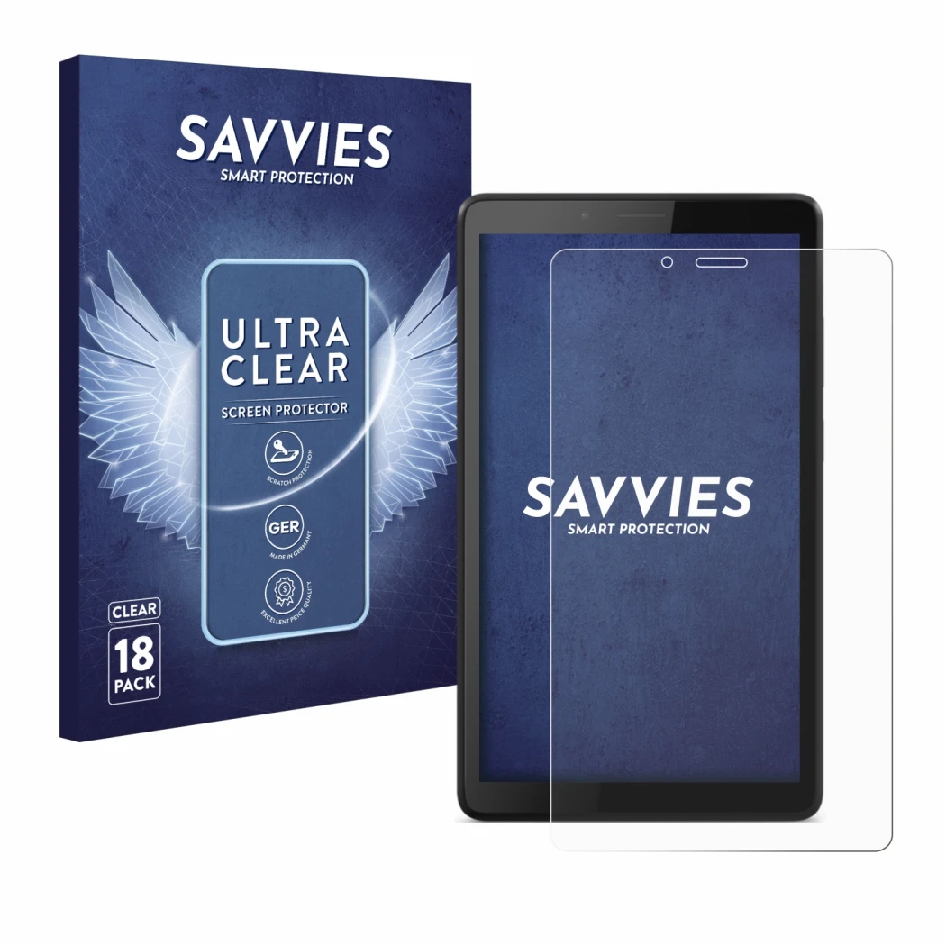 Front side of a product packaging with the brand logo Savvies. Next to it is the device Lenovo Tab M7 shown with the correspon