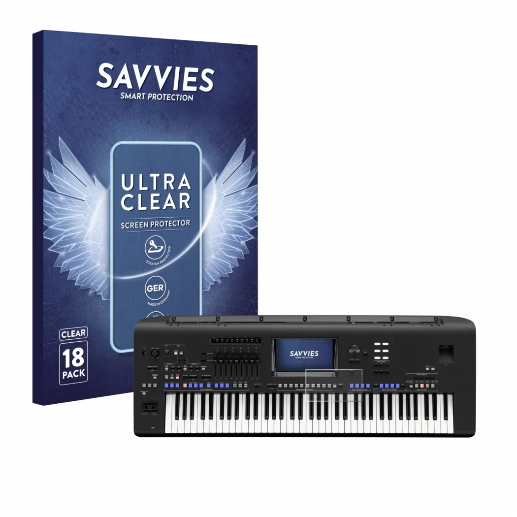Front side of a product packaging with the brand logo Savvies. Next to it is the device Yamaha Genos shown with the correspond