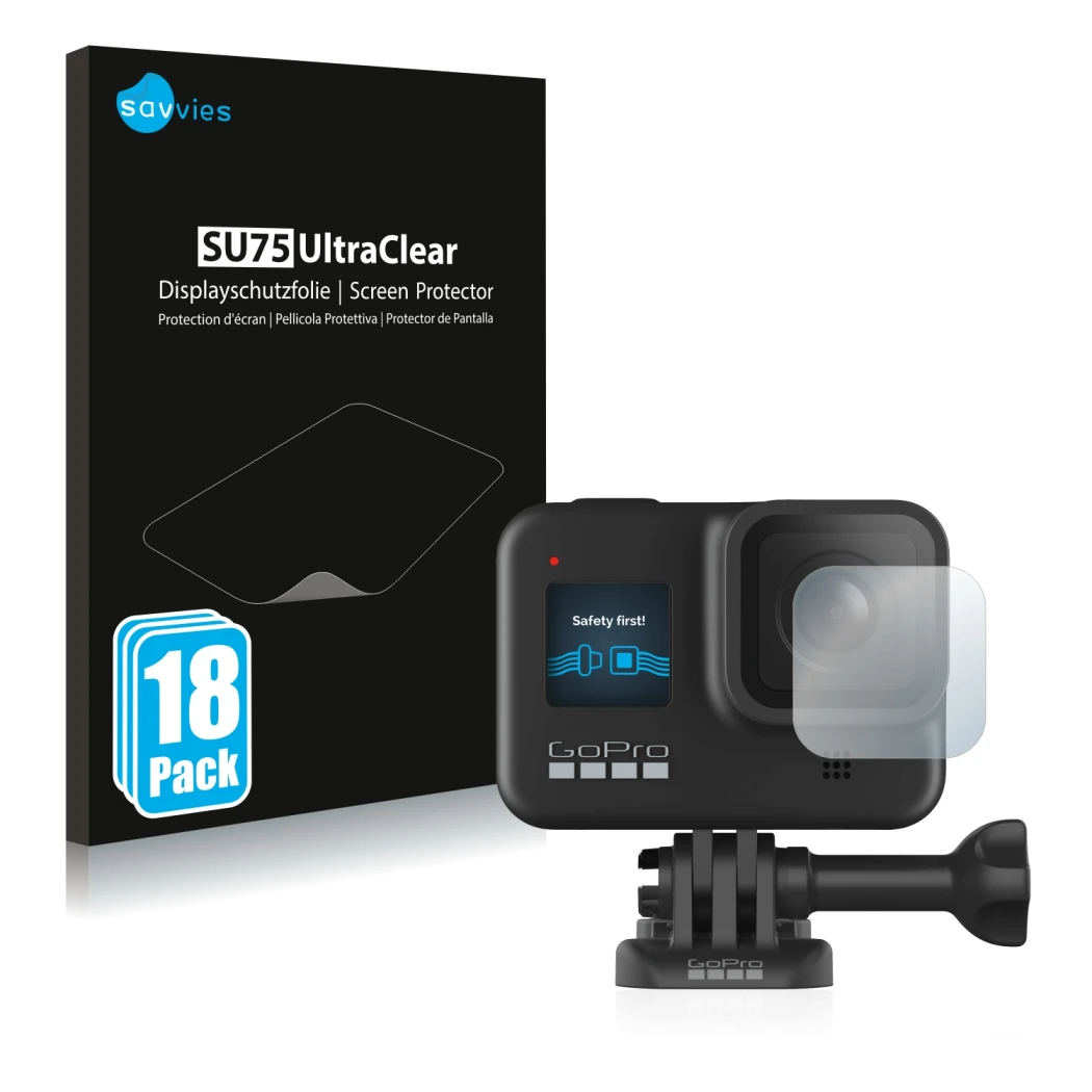 Front side of a product packaging with the brand logo Savvies. Next to it is the device GoPro Hero 8 Black (Lens) shown with t