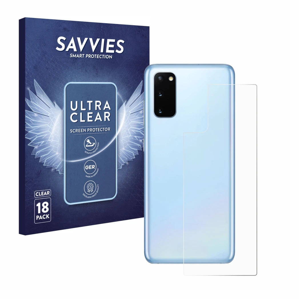 Front side of a product packaging with the brand logo Savvies. Next to it is the device Samsung Galaxy S20 (Back) shown with t