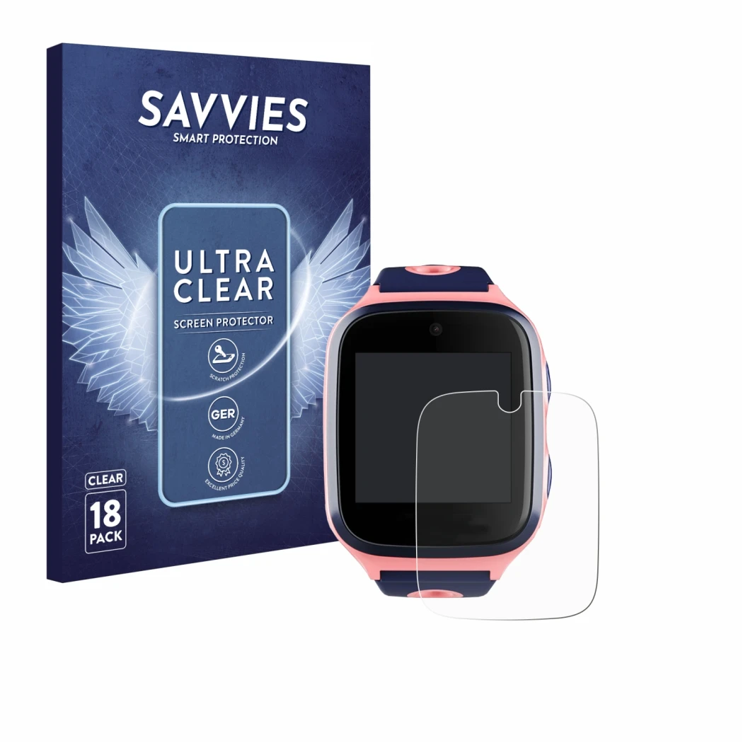 Front side of a product packaging with the brand logo Savvies. Next to it is the device Xplora 4 shown with the corresponding 