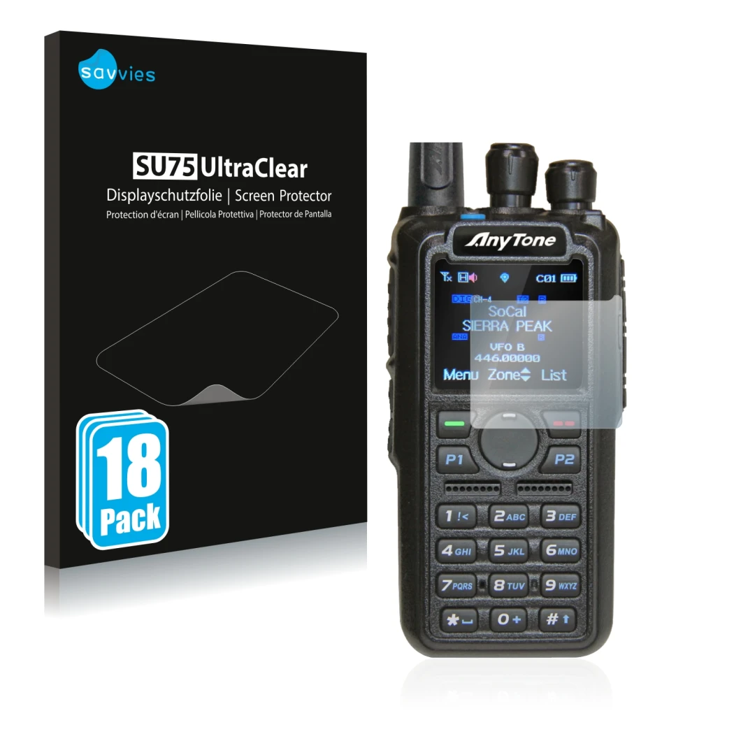 Front side of a product packaging with the brand logo Savvies. Next to it is the device AnyTone AT-D878UV shown with the corre